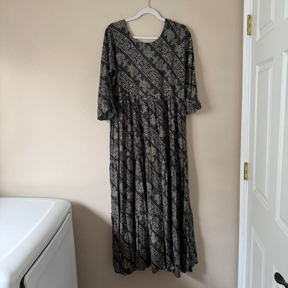 Indian cotton maxi dress XL gray red embroidery gold mirror boho pattern - Picture 7 of 8